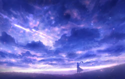Rule 34 | 1other, ambiguous gender, black coat, cloud, coat, commentary request, dusk, facing away, feet out of frame, highres, hill, long hair, long sleeves, looking up, original, outdoors, purple sky, purple theme, sakimori (hououbds), scenery, shooting star, sky, star (sky)