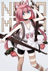 Rule 34 | 1girl, :o, ahoge, akm, animal ear fluff, animal ears, assault rifle, asymmetrical legwear, backpack, bag, bare arms, bike shorts, black choker, blue background, blue eyes, bolt action, breasts, brown thighhighs, cat ears, character name, choker, collarbone, commentary request, cuicuijiao, explosive, eyes visible through hair, feet out of frame, glock, grenade, gun, handgun, highres, hinata channel, kalashnikov rifle, long hair, looking at viewer, low twintails, mauser 98, mismatched legwear, nekomiya hinata, parted lips, pink hair, pistol, pointing, rifle, shirt, sideboob, solo, striped clothes, striped thighhighs, tank top, thighhighs, tied shirt, twintails, virtual youtuber, weapon, weapon request, white tank top