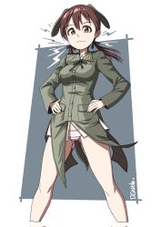 Rule 34 | 1girl, animal ears, border, brown eyes, brown hair, dragoncastle, feet out of frame, floppy ears, gertrud barkhorn, grey background, hair ornament, hands on own hips, highres, looking at viewer, military, military uniform, panties, ribbon, solo, standing, strike witches, underwear, uniform, white border, white panties, world witches series