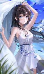 Rule 34 | 1girl, :o, absurdres, bare shoulders, bed sheet, black hair, blue eyes, blue ribbon, blue sky, blurry, breasts, character request, cleavage, cloud, day, depth of field, dress, eyelashes, foreshortening, grass, highres, holding, long hair, medium breasts, open mouth, original, outdoors, raised eyebrows, ribbon, sky, solo, standing, sundress, white dress, wind, wolla