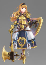 Rule 34 | 1girl, armor, armored boots, armored dress, axe, belt, blonde hair, boots, breastplate, earrings, fantasy, gauntlets, grey background, hairband, jewelry, knight, long hair, looking to the side, mole, mole under mouth, nekozuki yuki, original, purple eyes, shield, shoulder armor, smile, solo, weapon
