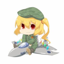 Rule 34 | 1girl, aircraft, airplane, animated, animated gif, beret, blinking, blonde hair, boots, camouflage, chibi, eiri (eirri), embodiment of scarlet devil, f-15, f-15 eagle, fang, female focus, fighter jet, flandre scarlet, hat, jet, military, military vehicle, open mouth, red eyes, side ponytail, simple background, sitting, solo, straddling, touhou, vehicle focus, wings