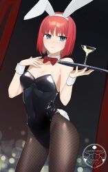 Rule 34 | 1girl, absurdres, animal ears, bow, bowtie, breasts, cleavage, closed mouth, commentary, commission, curtains, detached collar, fishnet pantyhose, fishnets, green eyes, highres, hisui (tsukihime), leotard, light particles, looking at viewer, medium breasts, pantyhose, pink hair, playboy bunny, rabbit ears, rabbit girl, rabbit tail, red bow, red bowtie, short hair, skeb commission, solo, tail, tebamaru, tsukihime, wrist cuffs