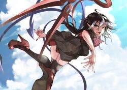 Rule 34 | 1girl, ahoge, ass, asymmetrical wings, black dress, black hair, black thighhighs, blue sky, blue wings, bow, bowtie, breasts, cloud, commentary, day, dress, fangs, fingernails, flying, from behind, full body, hair between eyes, high heels, highres, houjuu nue, long hair, looking at viewer, looking back, medium breasts, open mouth, outdoors, pointy ears, red bow, red bowtie, red footwear, red nails, red wings, shoe soles, short dress, short sleeves, skindentation, sky, smile, solo, teeth, teinba, thighhighs, touhou, two-sided dress, two-sided fabric, wings, yellow eyes, zettai ryouiki