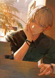 Rule 34 | 1boy, black shirt, blonde hair, blue eyes, book, book stack, character request, chromatic aberration, cigarette, closed mouth, copyright request, dated, hair between eyes, hand on own cheek, hand on own face, hato (dovecot), highres, holding, holding cigarette, house, jewelry, looking at viewer, male focus, outdoors, ring, shirt, short hair, signature, sky, smile, smoke, solo, table, tree, upper body, watch, window, wristwatch