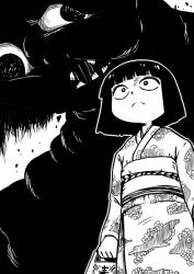 Rule 34 | 1girl, blunt bangs, bob cut, chizuko (youkai hunter), constricted pupils, floral print, frown, greyscale, hime cut, japanese clothes, kimono, monochrome, monster, nicetack, solo, youkai hunter