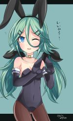 Rule 34 | 1girl, alternate hairstyle, animal ears, aqua background, bare shoulders, black gloves, black leotard, blue eyes, breasts, brown pantyhose, choker, cleavage, dated, detached collar, elbow gloves, fake animal ears, gloves, green hair, hair between eyes, hair ribbon, hebitsukai-san, highres, kantai collection, leotard, long hair, looking at viewer, low twintails, one eye closed, pantyhose, playboy bunny, rabbit ears, rabbit tail, ribbon, solo, strapless, strapless leotard, tail, text focus, twintails, yamakaze (kancolle)