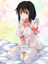Rule 34 | 1girl, akichin (atelier baguri), black hair, blush, bow, breasts, cleavage, commentary request, covered erect nipples, embarrassed, frown, hair between eyes, kantai collection, large breasts, lingerie, looking at viewer, nightgown, on bed, pink bow, red eyes, see-through, seiza, short hair, sitting, solo, thighhighs, twitter username, underwear, white nightgown, white thighhighs, wrist cuffs, yamashiro (kancolle)