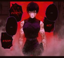 Rule 34 | ..., 1girl, bare arms, belt, biceps, black hair, black pants, black shirt, blood, blood on arm, blood on face, cowboy shot, eliasdessin, english text, highres, jujutsu kaisen, looking at viewer, muscular, muscular female, one eye closed, pants, red eyes, scar, scar across eye, scars all over, shirt, short hair, sleeveless, sleeveless shirt, solo, spoken ellipsis, tank top, too many, too many scars
