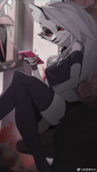 Rule 34 | 1girl, animal ear fluff, animal ears, collar, crossed legs, furry, furry female, helluva boss, highres, looking at viewer, loona (helluva boss), red eyes, spiked collar, spikes, tail, thighhighs, wo xuyao jiashui, wolf ears, wolf girl, wolf tail