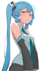 Rule 34 | 1girl, abmayo, aqua hair, bare shoulders, blouse, blush, breasts, collared shirt, commentary, detached sleeves, from side, grey shirt, hair ornament, hatsune miku, highres, long hair, looking at viewer, necktie, shirt, simple background, skirt, sleeveless, sleeveless shirt, solo, twintails, very long hair, vocaloid, white background