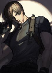 Rule 34 | 1boy, black gloves, blonde hair, blue eyes, closed mouth, dated, gloves, gun, handgun, harness, holding, holding gun, holding weapon, knife, leon s. kennedy, looking at viewer, male focus, no sense of shame, parted bangs, resident evil, resident evil 4, resident evil 4 (remake), shirt, short hair, short sleeves, signature, solo, spotlight, tight clothes, tight shirt, toned, toned male, upper body, weapon