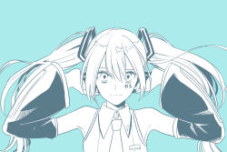 Rule 34 | 1girl, absurdres, bare shoulders, blue eyes, closed mouth, collared shirt, commentary request, detached sleeves, dress shirt, facial mark, greyscale with colored background, hair between eyes, hatsune miku, headphones, highres, kashikaze, long hair, long sleeves, looking at viewer, necktie, number tattoo, shirt, simple background, sleeveless, sleeveless shirt, solo, tattoo, twintails, upper body, vocaloid, wide sleeves