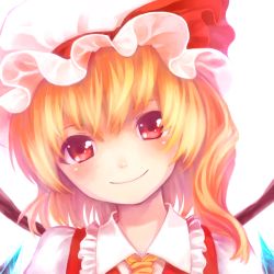 Rule 34 | 1girl, ascot, blonde hair, blush, close-up, female focus, flandre scarlet, hat, hat ribbon, head tilt, miina, portrait, red eyes, ribbon, short hair, side ponytail, simple background, smile, solo, touhou, white background, wings