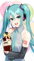 Rule 34 | 1girl, :d, aqua eyes, aqua hair, aqua necktie, artist name, balloon, bottle, collarbone, commentary, detached sleeves, english commentary, grey vest, hair between eyes, hatsune miku, headset, highres, holding, holding bottle, long hair, long sleeves, looking at viewer, necktie, number tattoo, open mouth, sasoura, shoulder tattoo, smile, solo, tattoo, twintails, upper body, vest, vocaloid