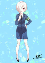 Rule 34 | 1girl, absurdres, armband, bad id, bad pixiv id, black footwear, black necktie, blazer, blue background, blue skirt, blush, brown hair, collared shirt, cosplay, full body, green armband, hair over one eye, hand on own hip, highres, holding, jacket, jashin-chan dropkick, looking at viewer, necktie, open mouth, pencil skirt, persephone ii, pointy ears, police, police uniform, policewoman, red eyes, shirt, short hair, signature, skirt, solo, standing, tachibana mei (jashin-chan dropkick), uniform, v-shaped eyebrows, whistle, white shirt, wing collar, yuuki shushu