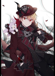 Rule 34 | 1boy, aiguillette, alternate eye color, ascot, black ascot, black bow, black coat, black gloves, blonde hair, bow, buttons, closed mouth, coat, collared shirt, commentary, double-breasted, double-parted bangs, evil one (project sekai), feathers, frilled sleeves, frills, gloves, gradient hair, grey shirt, hair between eyes, hat, hat bow, hat ornament, idol clothes, lapels, long sleeves, looking at viewer, looking to the side, male focus, monochrome background, multicolored coat, multicolored hair, notched lapels, orange hair, outline, pillarboxed, pinstripe coat, pinstripe pattern, pinstripe shirt, project sekai, red bow, red coat, red eyes, red hat, shachi (kaisendon), shirt, short hair, sideways glance, smile, solo, striped, stuffed animal, stuffed bunny (project sekai), stuffed rabbit, stuffed toy, tailcoat, tenma tsukasa, two-tone ascot, two-tone bow, white background, white outline