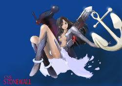 Rule 34 | 1girl, anchor, anklet, azuma-kan (css stonewall), black hair, blue background, blue eyes, character name, confederate states of america, ironclad, jewelry, long hair, mecha musume, military, nano (nanosize), open mouth, original, personification, pointy ears, simple background, solo, teeth