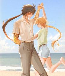 Rule 34 | 2boys, aether (genshin impact), antenna hair, arm up, beach, belt, blonde hair, blue shorts, blue sky, braid, braided ponytail, brown belt, brown hair, buttons, cloud, cloudy sky, commentary request, dancing, closed eyes, feet out of frame, foot out of frame, genshin impact, green shirt, grey pants, hand on back, highres, holding hands, long hair, lyoo (cacj5482), male focus, multiple boys, ocean, pants, ponytail, shirt, shirt tucked in, short sleeves, shorts, sidelocks, sky, smile, waves, white shirt, zhongli (genshin impact)