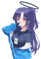 Rule 34 | 1girl, azuuru, black shirt, blue archive, blue jacket, blush, breasts, facial mark, halo, highres, id card, jacket, lanyard, long hair, looking at viewer, mechanical halo, medium breasts, official alternate costume, open mouth, ponytail, purple eyes, purple hair, shirt, short sleeves, simple background, solo, star (symbol), track jacket, white background, yuuka (blue archive), yuuka (track) (blue archive)