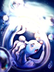Rule 34 | animal focus, artist name, blue eyes, brionne, bubble, chromatic aberration, creatures (company), fang, full body, game freak, gen 7 pokemon, happy, highres, light, looking at viewer, nintendo, no humans, open mouth, pokemon, pokemon (creature), signature, smile, solo, tensaitou tou, twitter username, underwater