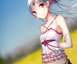 Rule 34 | 1girl, arms behind back, camisole, looking at viewer, original, purple eyes, silver hair, solo, twintails, yilan