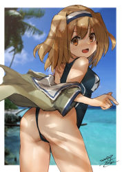 Rule 34 | 1girl, ass, bad id, bad twitter id, blue one-piece swimsuit, blue sky, brown eyes, brown jacket, cloud, cowboy shot, day, from behind, hairband, i-26 (kancolle), jacket, kantai collection, light brown hair, long hair, looking at viewer, looking back, name connection, one-piece swimsuit, one-piece thong, outdoors, palm tree, sailor collar, short sleeves, sky, solo, swimsuit, toka (marchlizard), tree, two-tone hairband, two side up