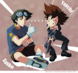 Rule 34 | 2boys, brown hair, cigarette, cosplay, costume switch, cowboy bebop, crossover, digimon, digimon adventure, gloves, goggles, gun, male focus, multiple boys, necktie, non-web source, shorts, spike spiegel, spike spiegel (cosplay), spiked hair, star (symbol), thumbs up, weapon, yagami taichi, yagami taichi (cosplay)