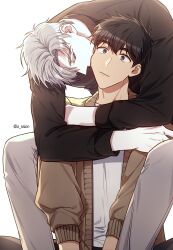 Rule 34 | 2boys, absurdres, biting, brown eyes, brown hair, cheek biting, closed mouth, highres, hug, ilay riegrow, jeong taeui, male focus, multiple boys, o ssion, passion (manhwa), short hair, simple background, surprised, white background, white hair, yaoi