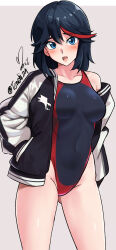 Rule 34 | 1girl, artist name, black hair, black jacket, black one-piece swimsuit, blue eyes, blue hair, breasts, competition school swimsuit, cowboy shot, hands in pockets, highleg, highleg swimsuit, highres, jacket, kill la kill, looking at viewer, matoi ryuuko, medium breasts, multicolored clothes, multicolored hair, multicolored jacket, one-piece swimsuit, open clothes, open jacket, red hair, school swimsuit, short hair, solo, streaked hair, swimsuit, two-tone jacket, two-tone swimsuit, yoo tenchi