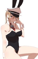 Rule 34 | 10s, 1girl, alternate costume, anchor, animal ears, armpits, bare legs, bare shoulders, black leotard, blonde hair, blush, breasts, cleavage, closed mouth, collarbone, commentary request, covered navel, cross, detached collar, eight tohyama, embarrassed, fake animal ears, graf zeppelin (kancolle), grey eyes, hair between eyes, hat, highres, invisible chair, iron cross, kantai collection, large breasts, leotard, long hair, looking at viewer, necktie, peaked cap, playboy bunny, rabbit ears, red necktie, short hair with long locks, sidelocks, simple background, sitting, solo, strapless, strapless leotard, sweat, thighs, twintails, twirling hair, white background, white hat, wrist cuffs