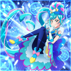 Rule 34 | 1girl, abstract background, back bow, black pantyhose, blue background, blue bow, blue dress, blue footwear, blue hair, bow, brooch, closed mouth, convenient leg, cure spicy, delicious party precure, dot nose, dress, earrings, elbow gloves, footwear bow, full body, fuwa kokone, gloves, green eyes, hair bow, heart, heart brooch, highres, jewelry, large bow, looking at viewer, magical girl, multicolored hair, pantyhose, pink bow, pink hair, precure, shoes, short dress, single hair ring, smile, solo, tj-type1, tsurime, two-tone hair, white gloves