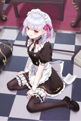 Rule 34 | 1girl, absurdres, apron, black dress, black footwear, black ribbon, black thighhighs, blush, broom, bucket, detached collar, dress, fate/grand order, fate/grand order arcade, fate (series), fingernails, frilled dress, frilled thighhighs, frills, hair ribbon, highres, indoors, kama (fate), kama (mistake) (fate), looking at viewer, lucky ckm, maid, maid headdress, neck ribbon, on floor, open mouth, pink nails, pink ribbon, puffy short sleeves, puffy sleeves, red eyes, revision, ribbon, shoes, short hair, short sleeves, sitting, smile, solo, thighhighs, waist apron, white apron, white hair, wrist cuffs