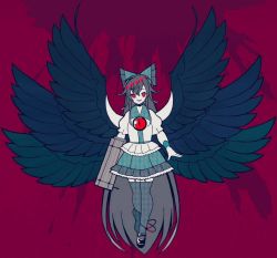 Rule 34 | 1girl, absurdly long hair, arm cannon, black footwear, black hair, black wings, boku (isizakitakasi), bow, capelet, collared shirt, commentary request, feathered wings, frilled bow, frills, full body, garter straps, green bow, green skirt, grey thighhighs, grin, hair bow, long hair, looking at viewer, mary janes, multiple wings, puffy short sleeves, puffy sleeves, red eyes, reiuji utsuho, shirt, shoes, short sleeves, skirt, smile, solo, thighhighs, touhou, very long hair, weapon, white capelet, white shirt, wings