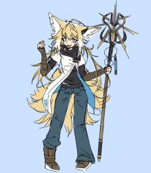 Rule 34 | 1girl, aged up, animal ears, arknights, belt, blonde hair, blue background, boots, denim, flower, fox ears, fox tail, full body, holding, holding staff, jeans, lily of the valley, looking at viewer, multiple tails, pants, staff, suzuran (arknights), tail, tofusquisha, yellow eyes