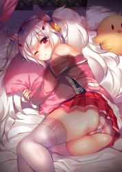 Rule 34 | 1girl, animal ears, ass, azur lane, bare shoulders, blush, hair between eyes, hair ornament, hairband, highres, hugging object, jacket, laffey (azur lane), long hair, long sleeves, looking at viewer, looking back, lying, on bed, on side, one eye closed, open mouth, panties, pillow, pillow hug, pink jacket, pleated skirt, pov, rabbit ears, red eyes, red hairband, shiny skin, silver hair, skirt, solo, striped clothes, striped panties, stuffed animal, stuffed toy, suzunone rena, thighhighs, thighs, twintails, underwear, very long hair, white thighhighs