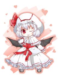 Rule 34 | 1girl, bat wings, bow, bracelet, capelet, chibi, curiosities of lotus asia, dnk, female focus, frills, hat, heart, highres, jewelry, long skirt, looking at viewer, mary janes, one eye closed, red eyes, remilia scarlet, shoes, short hair, silver hair, simple background, skirt, solo, touhou, vampire, white background, wings, wink