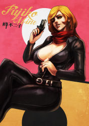 Rule 34 | 1girl, ;), absurdres, belt, black bodysuit, blonde hair, bodysuit, break-action pistol, breasts, catsuit, character name, cleavage, commentary, commission, crossed legs, derringer, double-barreled pistol, earrings, english commentary, eyelashes, full-length zipper, full body, gun, handgun, highres, holding, holding gun, holding weapon, jewelry, large breasts, lips, long hair, lupin iii, mine fujiko, monori rogue, multiple-barrel firearm, nail polish, no bra, nose, one eye closed, over-and-under-barreled pistol, pink nails, pistol, pocket pistol, red scarf, scarf, sitting, skin tight, smile, solo, unzipping, weapon, zipper, zipper pull tab