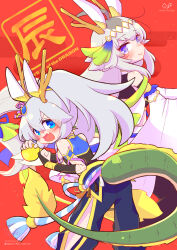 Rule 34 | 2024, 2girls, alternate costume, alternate tail, animal ears, antlers, ball, bare shoulders, blue eyes, blue pants, blush, chinese zodiac, clenched hand, closed mouth, dated, detached sleeves, elbow gloves, fang, feet out of frame, gloves, grey hair, hair ornament, highres, holding, holding ball, horns, horse ears, ichinomori, long hair, looking at viewer, multiple girls, oguri cap (umamusume), open mouth, pants, ponytail, red background, rope, shimenawa, shirt, signature, skin fang, sleeveless, sleeveless shirt, smile, standing, tail, tamamo cross (fierce thunder god) (umamusume), tamamo cross (umamusume), twitter username, umamusume, v-shaped eyebrows, year of the dragon