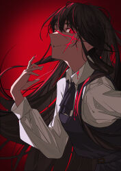 Rule 34 | 1girl, absurdres, black dress, black hair, black ribbon, blood, blood on clothes, blood on face, blood on hands, chainsaw man, commentary request, cross scar, dress, evil grin, evil smile, floating hair, fourth east high school uniform, grin, highres, long hair, long sleeves, looking at viewer, neck ribbon, pinafore dress, red background, red eyes, ribbon, ringed eyes, scar, scar on face, school uniform, shirt, simple background, sleeveless, sleeveless dress, smile, solo, uko 0817, very long hair, white shirt, yoru (chainsaw man)