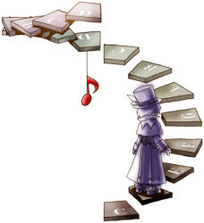Rule 34 | 1boy, chibi, frederic chopin (trusty bell), fuju, hat, lowres, male focus, musical note, solo, stairs, trusty bell, white background