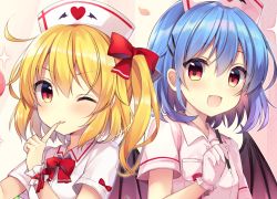 Rule 34 | 2girls, :d, alternate costume, bat wings, blonde hair, blush, bow, commentary request, cross, crystal, fang, fingernails, flandre scarlet, glove bow, gloves, hair bow, hat, looking at viewer, multiple girls, nurse, nurse cap, one eye closed, open mouth, pen, petals, red bow, red eyes, remilia scarlet, ruhika, short hair, short sleeves, siblings, side ponytail, sisters, smile, sparkle, standing, tongue, tongue out, touhou, upper body, white gloves, wing collar, wings, wrist cuffs