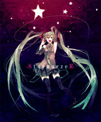 Rule 34 | 1girl, :d, arm up, armpits, dancing, detached sleeves, hatsune miku, long hair, morphine (pixiv), open mouth, pleated skirt, skirt, smile, solo, song name, star (symbol), stargazer (vocaloid), thighhighs, twintails, very long hair, vocaloid, zettai ryouiki