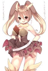 Rule 34 | 1girl, animal ears, bare shoulders, between breasts, blush, breasts, brown eyes, brown hair, candy, chocolate, chocolate bar, choker, cleavage, covered navel, cowboy shot, creatures (company), dress, food, frilled dress, frills, game freak, gen 4 pokemon, highres, kuro guren, long hair, looking at viewer, lopunny, nintendo, open mouth, pokemon, pokemon (creature), rabbit ears, smile, solo, standing, thighhighs, white background