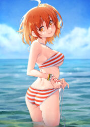 Rule 34 | 1girl, absurdres, ahoge, ass, back, bare shoulders, bead bracelet, beads, bikini, blue sky, blush, bracelet, breasts, closed mouth, cloud, day, fate/grand order, fate (series), from behind, fujimaru ritsuka (female), fujimaru ritsuka (female) (brilliant summer), hair between eyes, hand tattoo, highres, jewelry, kazuma muramasa, large breasts, looking at viewer, looking back, ocean, orange eyes, orange hair, outdoors, short hair, side-tie bikini bottom, sky, smile, solo, standing, striped bikini, striped clothes, swimsuit, tattoo, wading, water