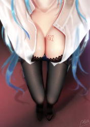 Rule 34 | 00s, 1girl, absurdres, aqua hair, bad id, bad pixiv id, black bra, black pantyhose, bra, breasts, cleavage, collarbone, commentary request, hatsune miku, head out of frame, highres, leaning forward, long hair, medium breasts, omone hokoma agm, open clothes, pantyhose, sitting, solo, underwear, view between breasts, vocaloid