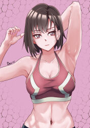 Rule 34 | 1girl, absurdres, arm behind head, armpits, artist name, bare arms, black hair, breasts, closed mouth, collarbone, commentary, devstar, hair behind ear, highres, large breasts, looking at viewer, mikazuki shizuka, navel, pink background, pink eyes, pink sports bra, presenting armpit, short hair, solo, sports bra, sweat, upper body, zom 100: zombie ni naru made ni shitai 100 no koto