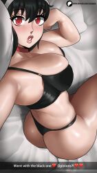 Rule 34 | 1girl, absurdres, ass, bed, black bra, black hair, black panties, bra, commentary, cowboy shot, echo saber, english commentary, english text, highres, indoors, nail polish, on bed, paid reward available, panties, parted lips, patreon logo, patreon username, pink lips, pov, red eyes, selfie, sidelocks, snapchat, spy x family, thick thighs, thighs, twisted torso, underwear, yor briar