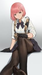 Rule 34 | 1girl, black eyes, black gloves, bow, bowtie, breasts, brown pantyhose, cancer (zjcconan), collared shirt, gloves, highres, load bearing equipment, long sleeves, pantyhose, pink hair, purple bow, purple bowtie, purple skirt, shirt, short hair, sitting, skirt, sleeves rolled up, small breasts, solo, white shirt