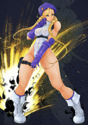 Rule 34 | 1girl, abs, alternate color, aqua eyes, bare shoulders, belt, beret, blonde hair, blue eyes, blue socks, boots, braid, breasts, cammy white, capcom, covered erect nipples, cross-laced footwear, elbow gloves, fingerless gloves, full body, gloves, hat, highleg, highleg leotard, highres, impossible clothes, impossible leotard, lace-up boots, large breasts, leotard, long hair, maru-pen, player 2, purple gloves, skin tight, socks, solo, street fighter, street fighter v, thighs, twin braids, very long hair, white leotard, zoom layer
